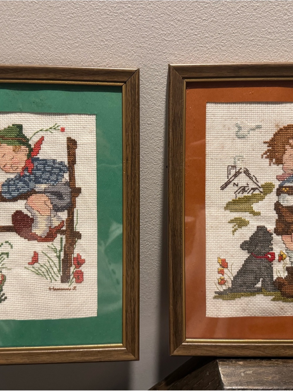 Handmade Cross-Stitch Framed Art Pair in Green and Orange